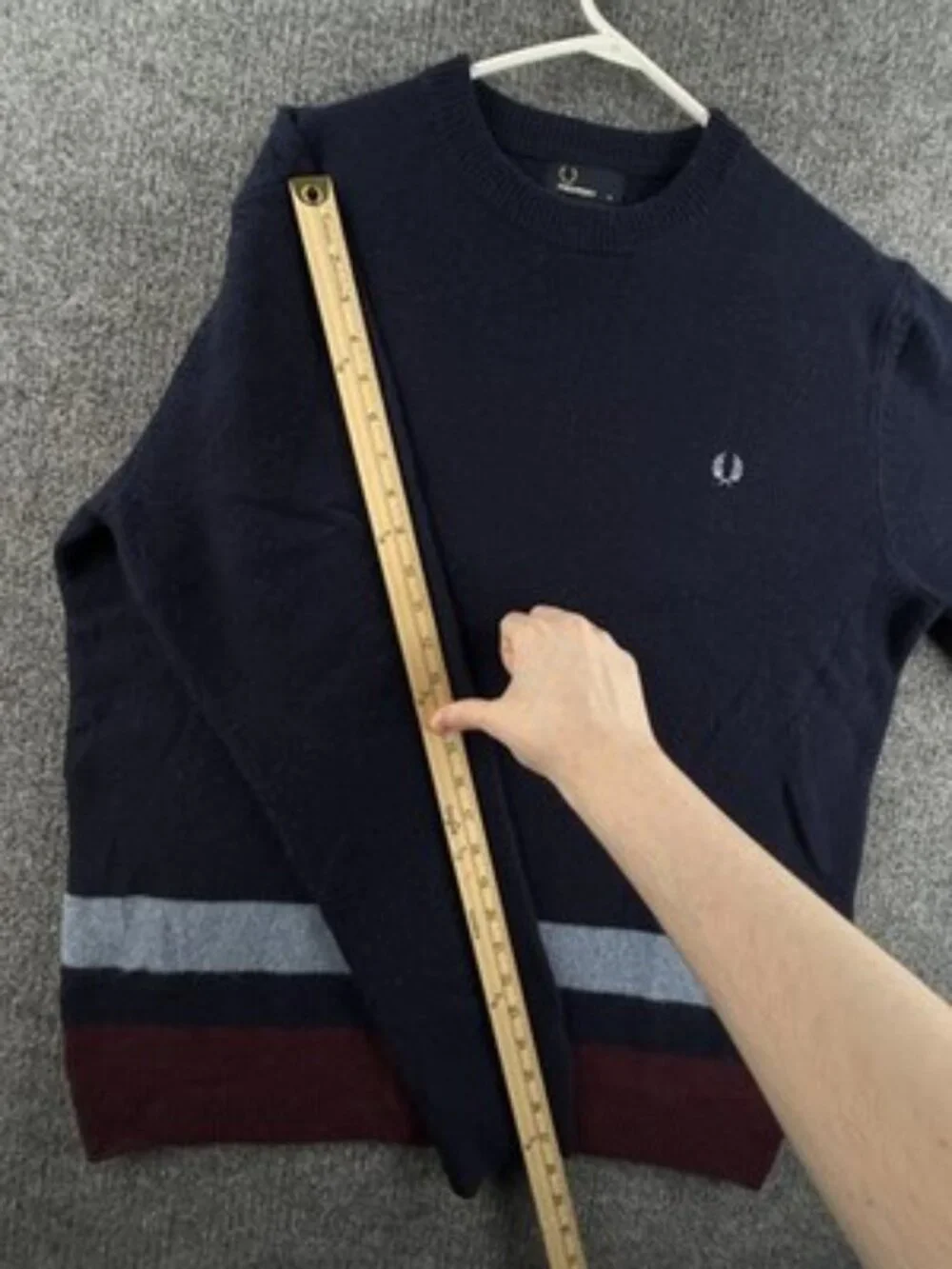 Fred Perry Pullover Logo XL Sweater Blue Red Crew Neck Wool Striped Designer